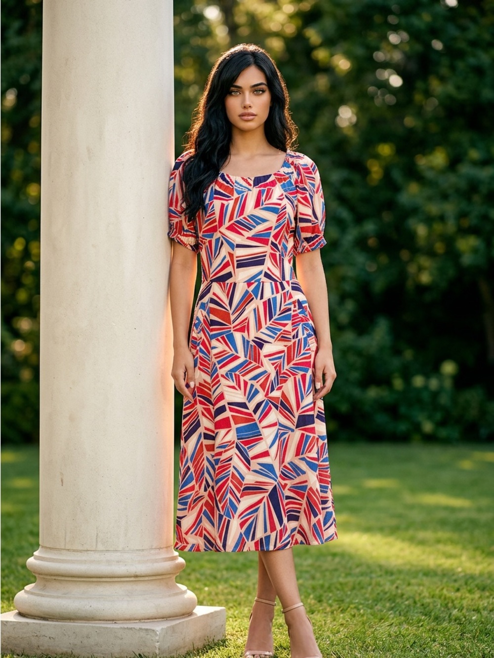 Maggy London Geometric Print Midi Dress in Red, Blue & Cream